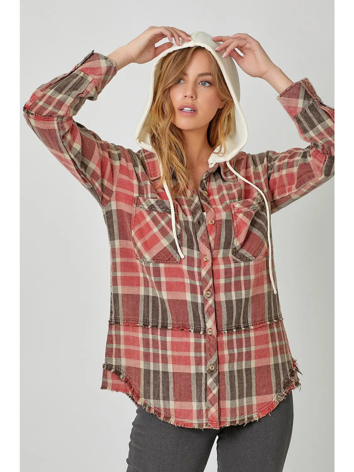 Washed Plaid Hoodie Jacket