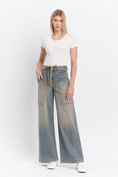 HIGH RISE ELASTIC TIE WAISTBAND BAGGY WIDE JEANS