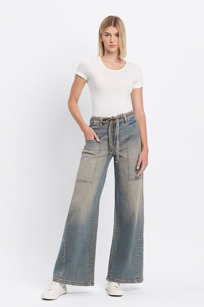 HIGH RISE ELASTIC TIE WAISTBAND BAGGY WIDE JEANS