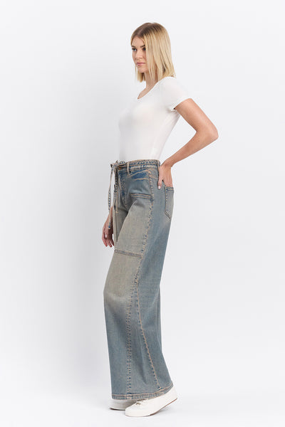 HIGH RISE ELASTIC TIE WAISTBAND BAGGY WIDE JEANS